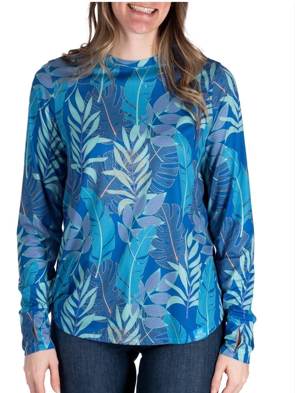 REALTREE Fishing long sleeve fishing tee thumb holes side slits tropical blue L